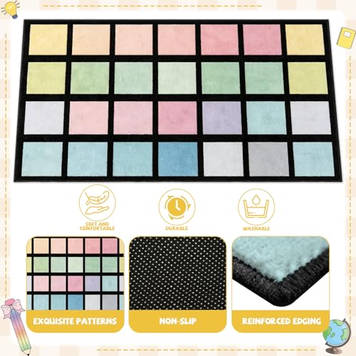 Large Pastel Squares Classroom Rug, 7.6x12 ft Washable Educational Area Mat