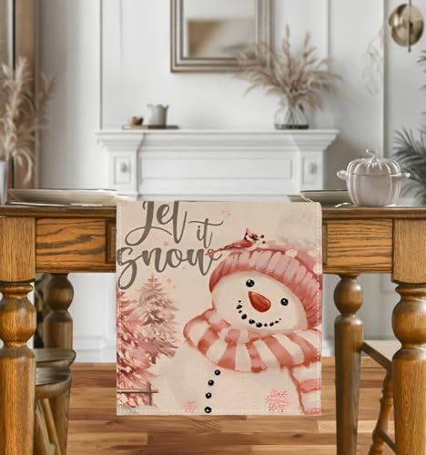 CHAIYA 13x72 Inch Xmas Tree Runner Let It Snow Pink Snowman Holiday Table Runner