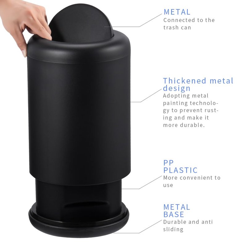 BRIEFHUMAN Waste Can 3 Gallon with Swing Lid，Brushed Stainless Steel Trash Can，Metal Cylindrical Garbage Can，Brass Wastebasket Bin for Bathroom,LivingRoom,Office,Kitchen,Bedroom,Hotel (Black)