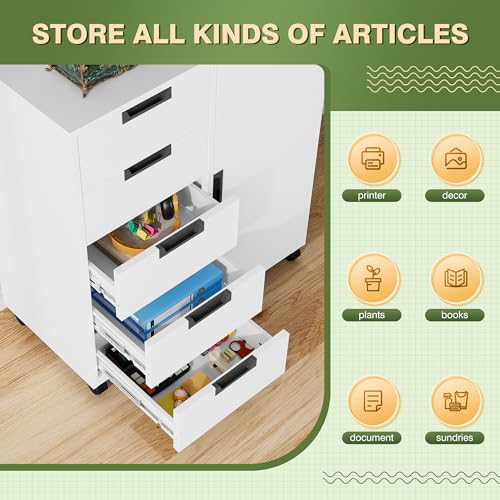 5-Drawer Metal Rolling Storage Cabinet with Adjustable Shelf - White