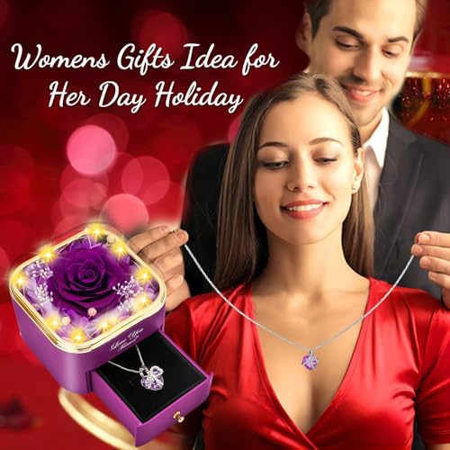 Lebana Preserved Purple Rose with Heart Necklace for Women, Mom, Girlfriend, Anniversary Gift