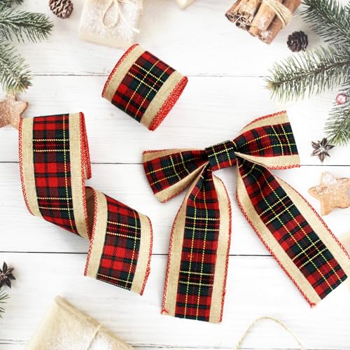 TONIFUL 2.5-Inch Green & Black Plaid Burlap Wired Ribbon 6yds x 2 Rolls for Christmas Wrapping & Wreaths (2 Rolls, Red Green variant)