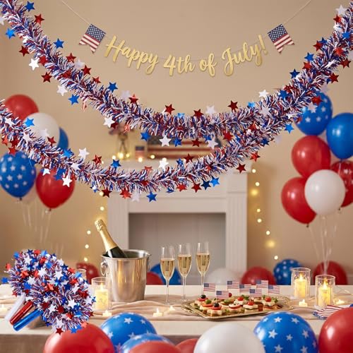 Patriotic Red White Blue Tinsel Garland with Stars - 52.5ft 4th of July Decor