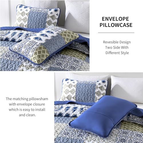 King Size Patchwork Floral Quilt Set - Aqua Blue Microfiber