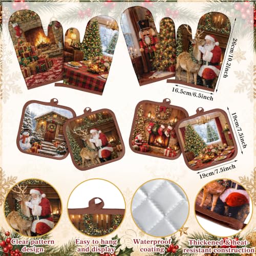 Christmas Fireplace Oven Mitts & Kitchen Towel Set - Santa & Reindeer, Holiday Kitchen Accessories