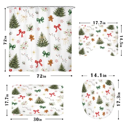 Lightinhome Christmas Tree Shower Curtain Set 4Pcs with Bath Mat, Rug, U-Shape Cushion 72x72in