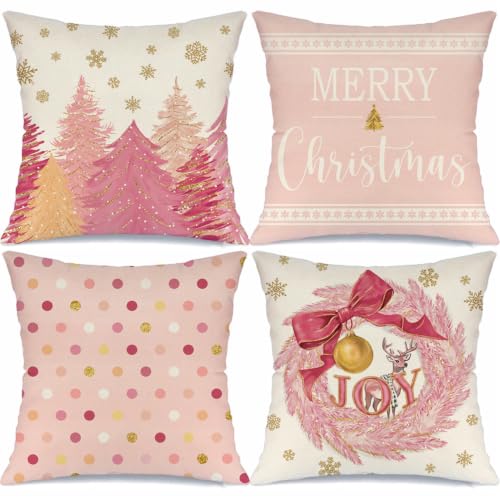 MODOVOS 18x18 Inch Pink Christmas Tree Wreath Pillow Covers Set of 4