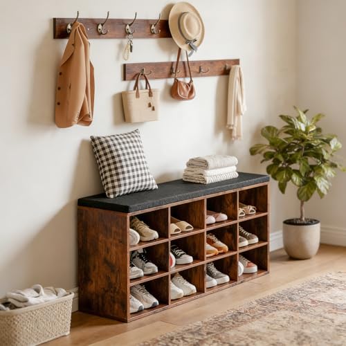 Entryway Shoe Storage Bench with Cushion and 12 Cubbies, 39.4-Inch
