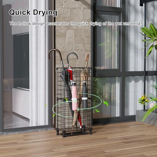 Freestanding Metal Umbrella Stand with Drip Tray and Hooks for Entryway
