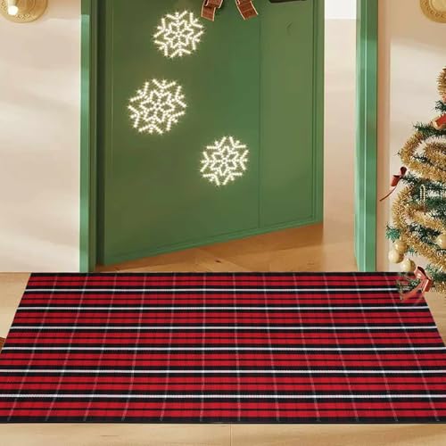 Christmas Red & Black Plaid Rug 3x5 ft Indoor/Outdoor Hand-Woven Cotton Layered Rug