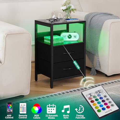 LED Nightstand with Charging Station, 2 Fabric Drawers & Storage Shelf