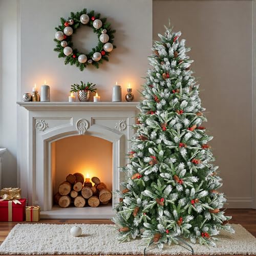 Trygoal 5FT Artificial Christmas Tree with Snow-Dusted Tips, Red Berries & Pine Cones, Pre-Decorated, Green, Hinged Stand