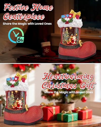 Sinofayar 9.65" Christmas Snow Globe Lantern with 8 Melodies, 6H Timer, Dual Power – Santa Gifts Pile 97