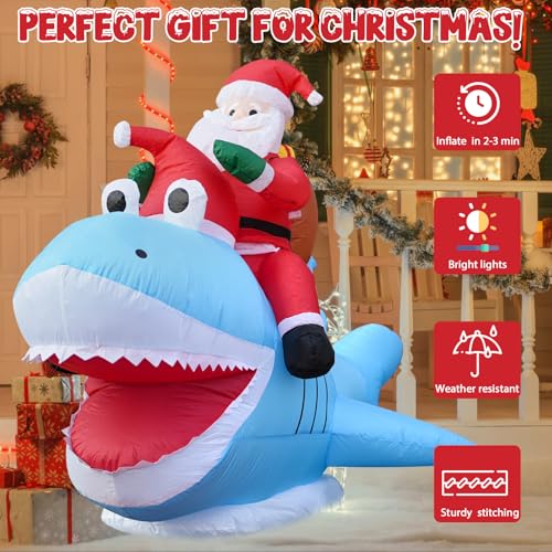 TIUIRE 8.5FT Outdoor Inflatable Santa Riding Shark Christmas Yard Decor - Funny Xmas Blow Up
