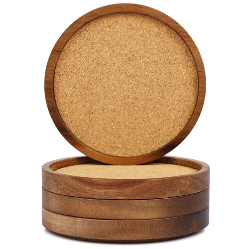 Stackable Acacia Wood & Cork Coasters - 4.25 Inch Set of 4