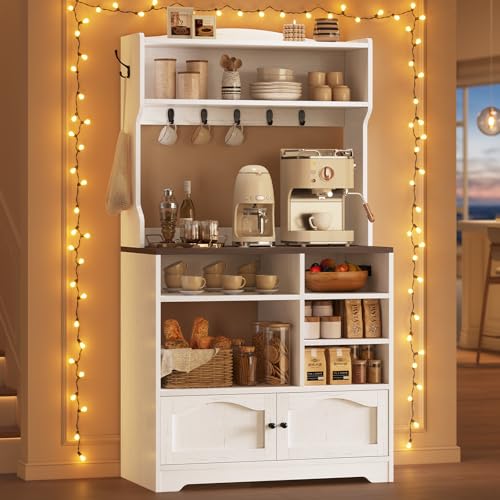31.5-inch Farmhouse Bakers Rack with Power Outlet and Storage Cabinet