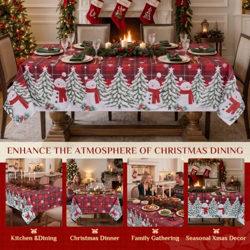 Softalker 60 x 84 Inch Rectangular Tablecloth – Snowman Red Plaid (Plaid Snowman) Christmas