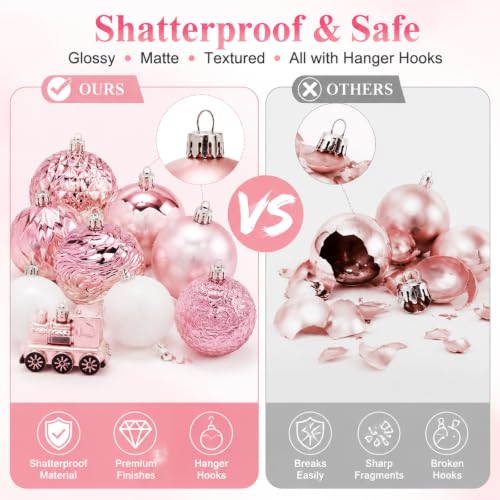 65Pcs Pink Christmas Ornaments Set - Shatterproof Glitter Balls & Lace Bows