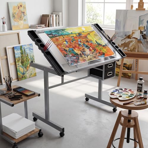 Adjustable Glass Drafting Table with Wheels, Drawers and Storage Trays