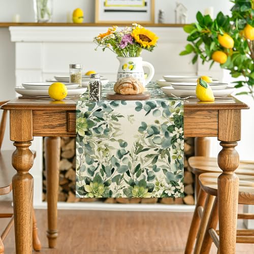 Green Floral Eucalyptus Summer Table Runner 13x72 Inches for Kitchen Dining