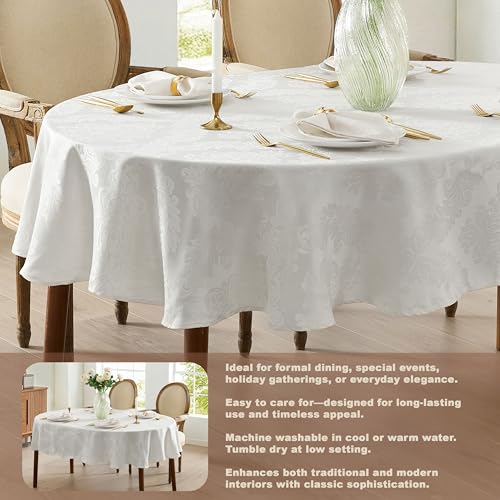 Newbridge Barcelona Damask Oval Tablecloth 60 x 102 Inch White - No Iron, Soil Resistant