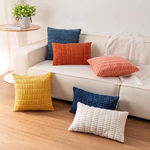 Corduroy Throw Pillow Covers 18x18 Inch (Set of 2) - Cream White Striped