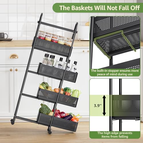 5-Tier Slim Rolling Storage Cart with Pull-Out Baskets and Lockable Wheels