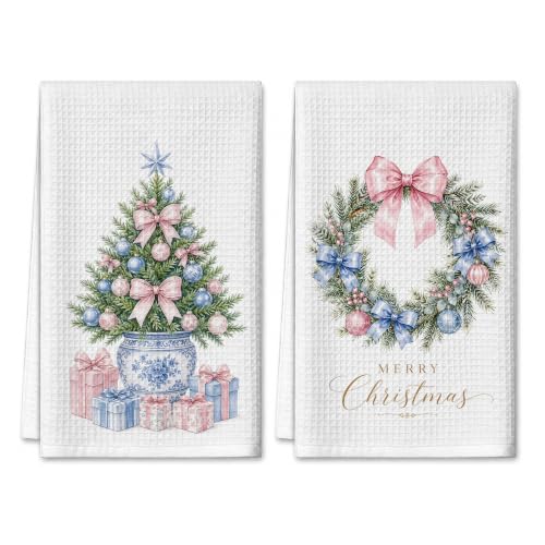 Zewepri Chinoiserie Christmas Kitchen Towels Set of 2 - Pink Bow, 16 x 24 inches (Variation: Pink Bow Christmas Tree)