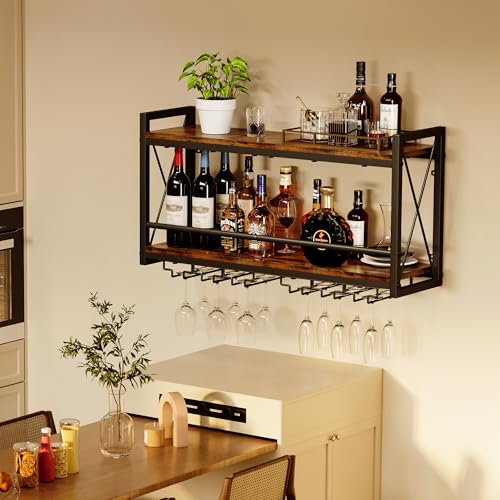 Wall Mounted Wine Rack with Glass Holder, Industrial Wood and Metal Shelf