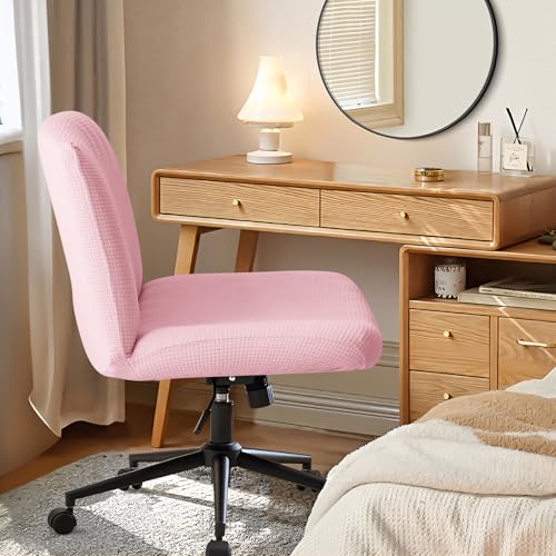 Water Resistant Criss Cross Armless Chair Cover - Pink Stretchable Slipcover for Wide Desk Chairs