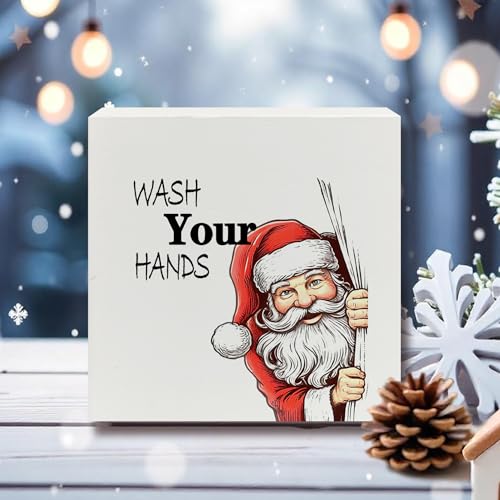 White Christmas Santa Bathroom Wooden Sign - 5x5 Inch Holiday Home Decor