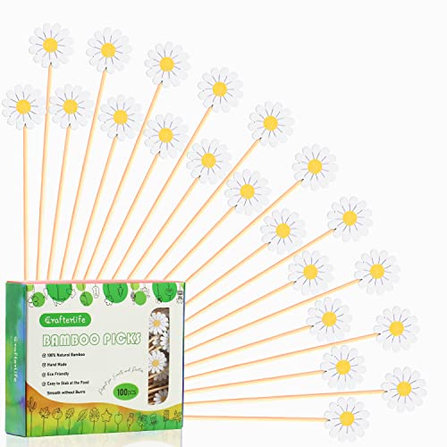 Crafterlife Daisies Spring Floral Cocktail Picks - 100 Eco-Friendly Food Skewers for Party & Appetizers
