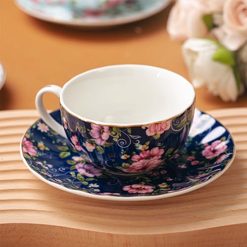 Midnight Florals Porcelain Tea Cups & Saucers Set of 6 - 7 oz, Brew To A Tea