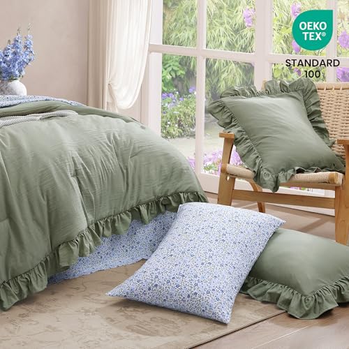 Sage Green Ruffle Queen Comforter Set - 7-Piece Floral Bed in a Bag