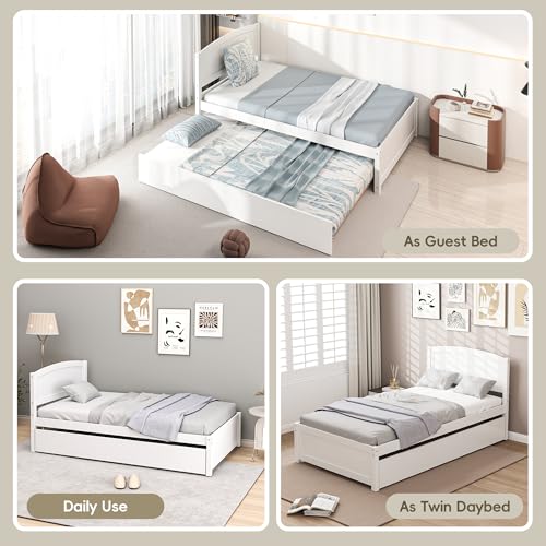 Twin Size Wooden Trundle Bed Frame with Pull-Out Bed - White