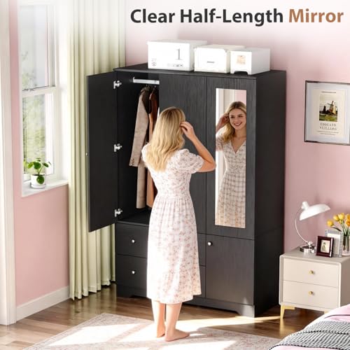 4-Door Freestanding Wardrobe Closet with Mirror, Drawers and Hanging Rods
