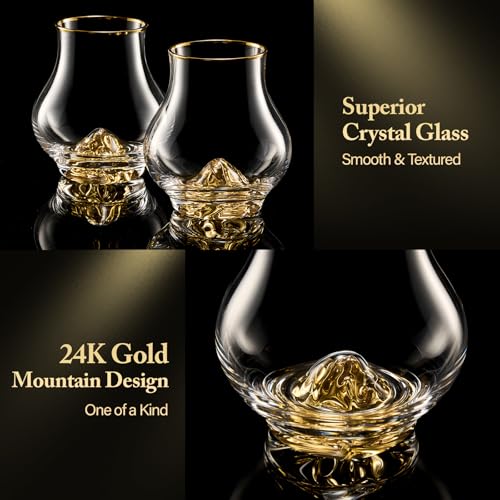 DUJUST 4-Pack Curvaceous Whiskey Glasses Set of 4, 7oz Crystal Glasses with 24K Gold Mountain, Old Fashioned Glass for Whiskey Brandy Cognac Tequila, Gift Ready