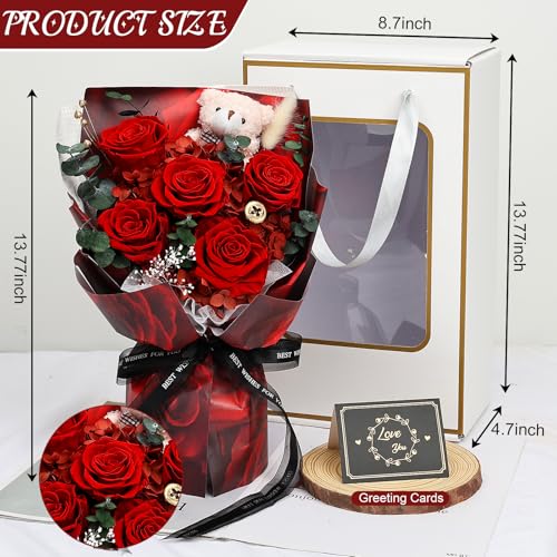 Preserved Rose Flower Bouquet with Bear in Gift Box