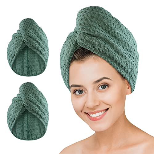 Dolwis Green Microfiber Hair Drying Towel Set - Waffle Long Hair Turban Wraps, 2 Pack