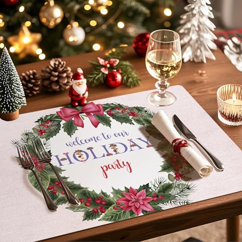 Red Poinsettia Holly Wreath Christmas Disposable Paper Placemats Set - 50 Sheets 11x17 inch