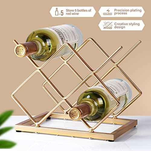 5-Bottle Gold Metal Wine Rack - Modern Geometric Countertop Storage Stand