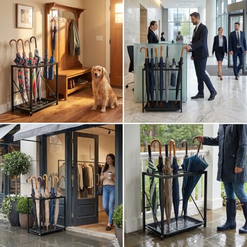 Folding Umbrella Stand Rack with Drip Tray, 15-Umbrella Storage Organizer
