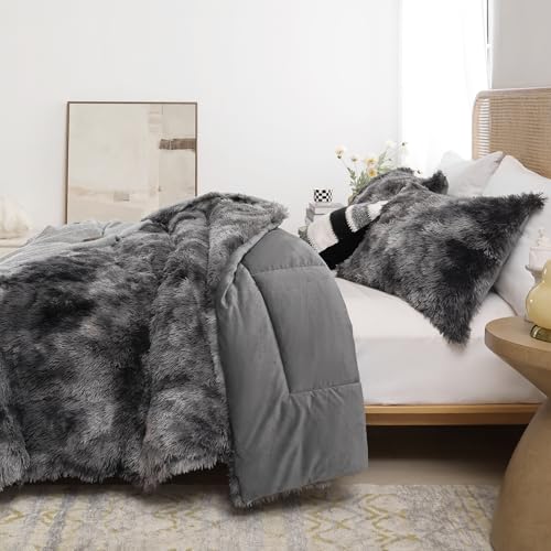 Fluffy Faux Fur King Comforter Set - 3-Piece Plush Tie-Dye Grey Bedding Set