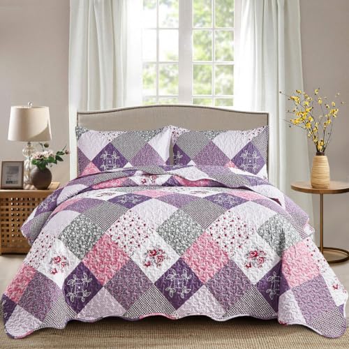 Dinjoy Purple Patchwork Quilt Set Queen - 3 Piece Microfiber Bedspread