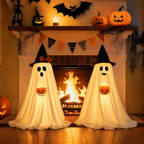 Lighted Halloween Ghosts 2-Pack – 2.95ft Standing Light-Up Decor with Witch Hats