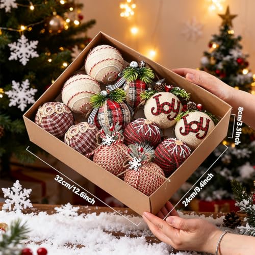 12 Piece Rustic Christmas Tree Ornaments - Farmhouse Burlap Decorations