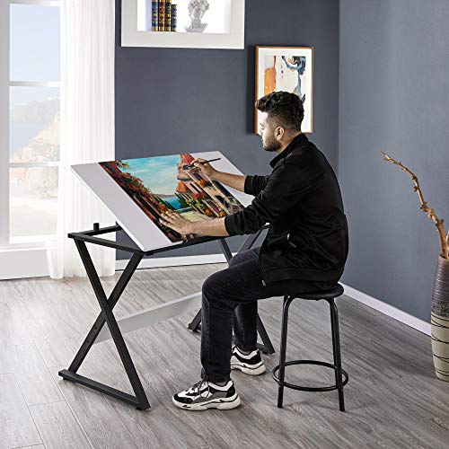 Adjustable Drafting Table with Tilting Top, White Art Desk for Drawing