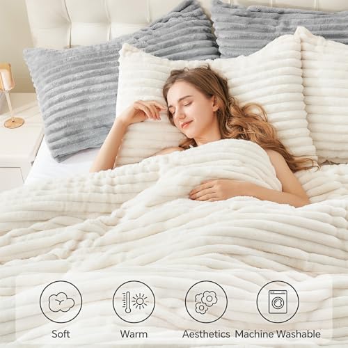Plush Faux Fur Queen Comforter Set - Warm Fleece Bedding, Cream White
