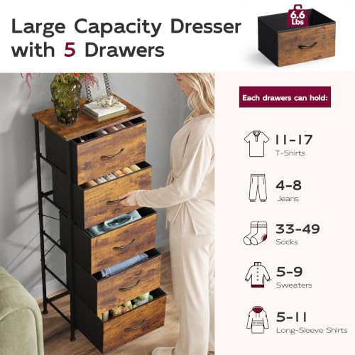 5-Drawer Tall Fabric Dresser, Slim Storage Tower Chest for Small Spaces