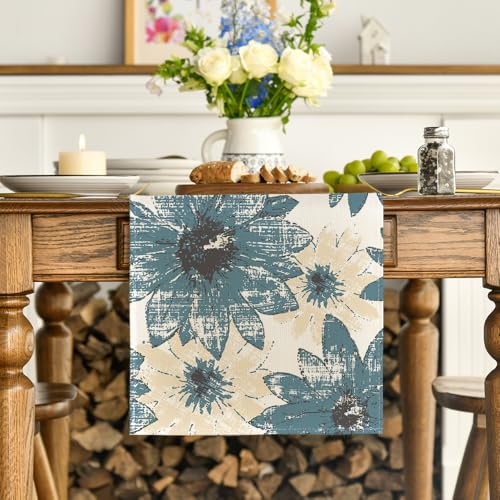 Artoid Mode Blue Retro Daisy Spring Table Runner 13x72 Inch Home Decor